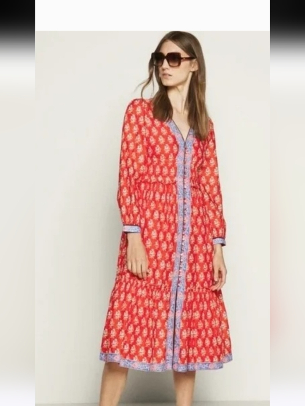 J. Crew Red Printed Button Front Midi Dress with Blue Trim size 6 NWT - Picture 2 of 8